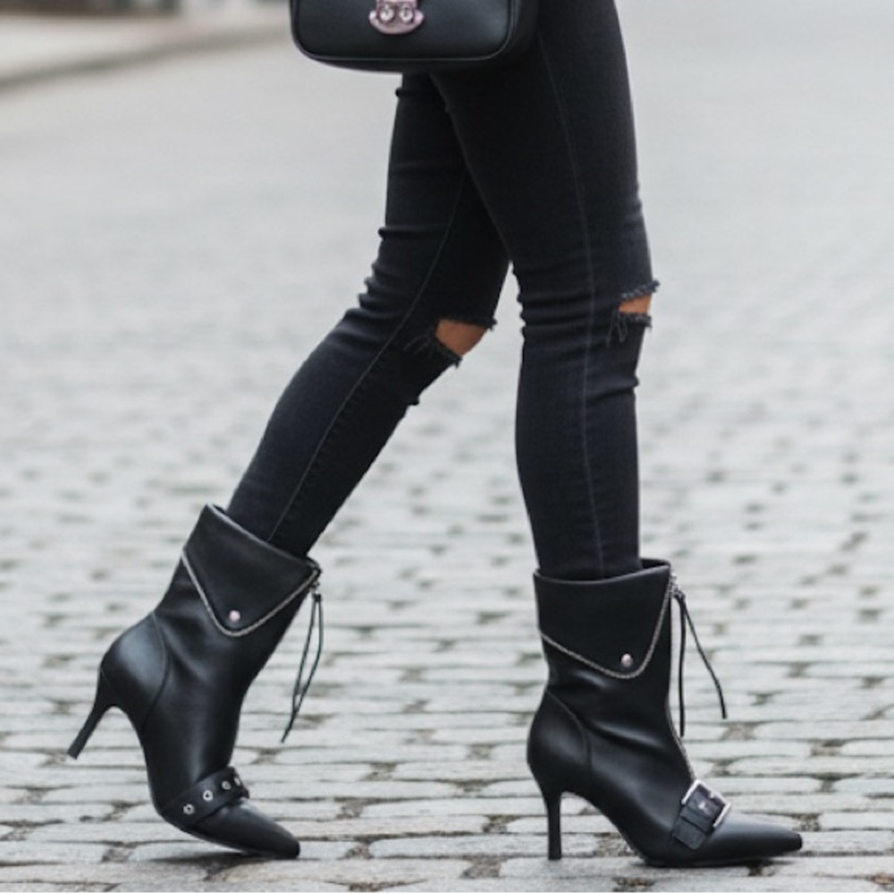 A New Day Black Buckle Pointed-Toe Stiletto Ankle Boots | Vegan | Sz 8 NWB